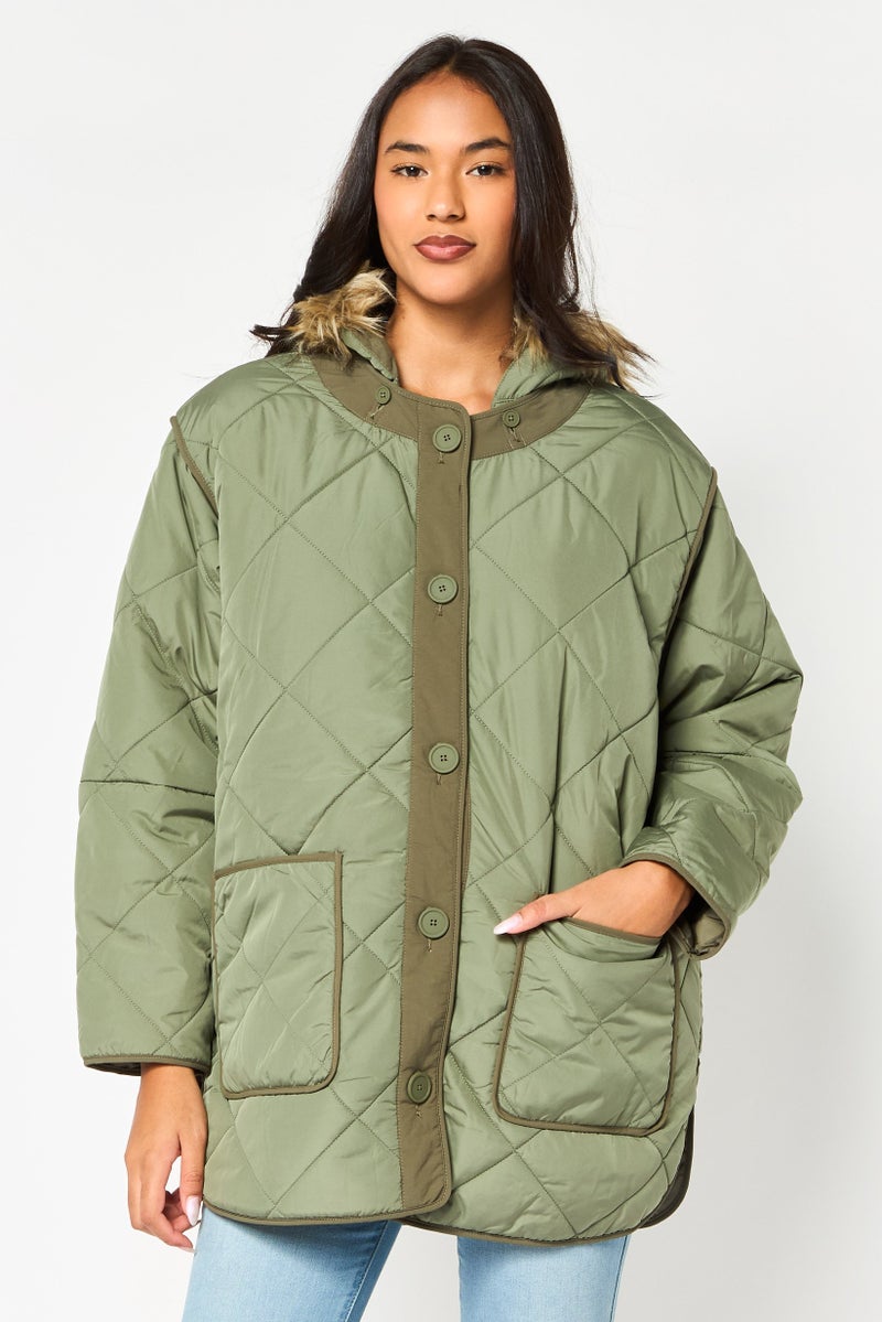 American Eagle Women Quilted Puffer Jacket, Olive - Image 1